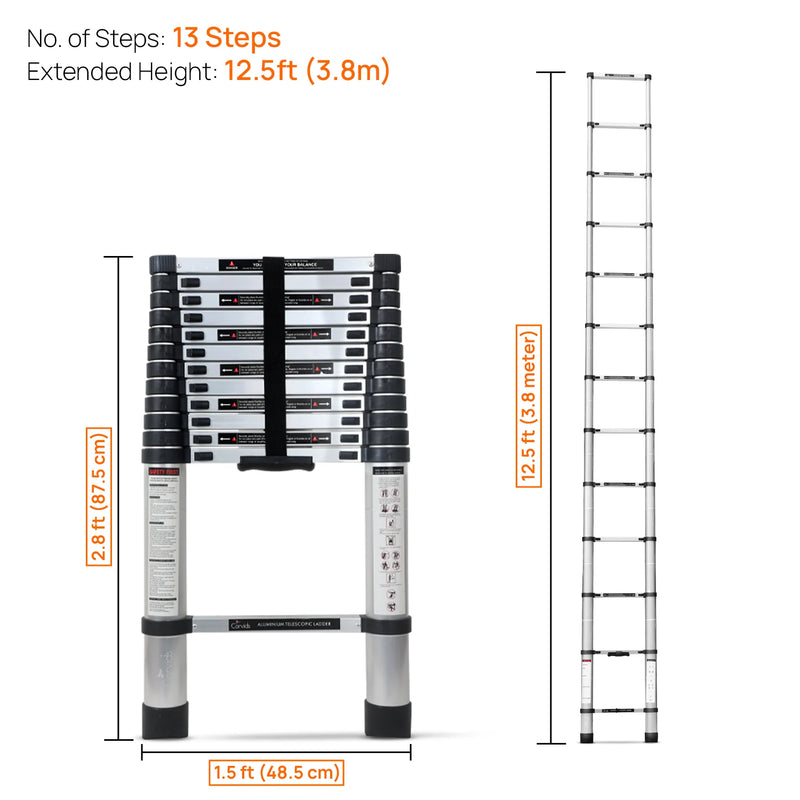 Corvids 12.5ft (3.8m) Professional Aluminium Telescopic Ladder – EN131 Certified, Multi-Purpose Extendable Ladder for Home & Commercial Use