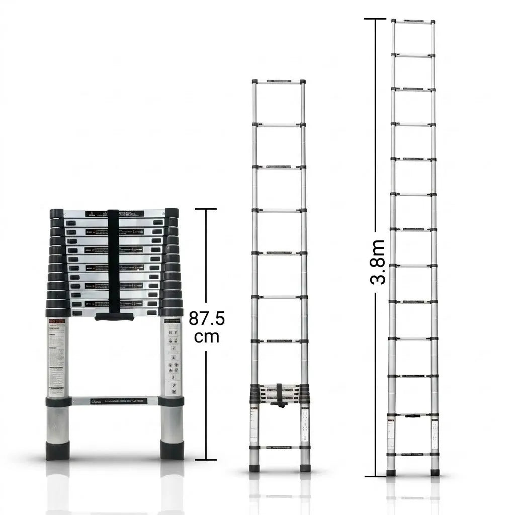 Corvids 12.5ft (3.8m) Professional Aluminium Telescopic Ladder – EN131 Certified, Multi-Purpose Extendable Ladder for Home & Commercial Use