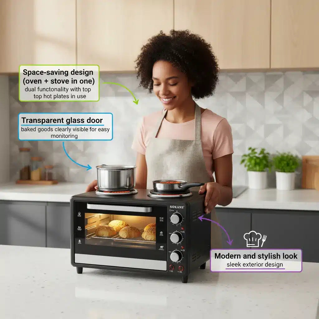 🔥SOKANY 35L Toaster Oven with Dual Hot Plates – 3200W | 2-in-1 Oven & Stove for Fast Heating & Even Cooking