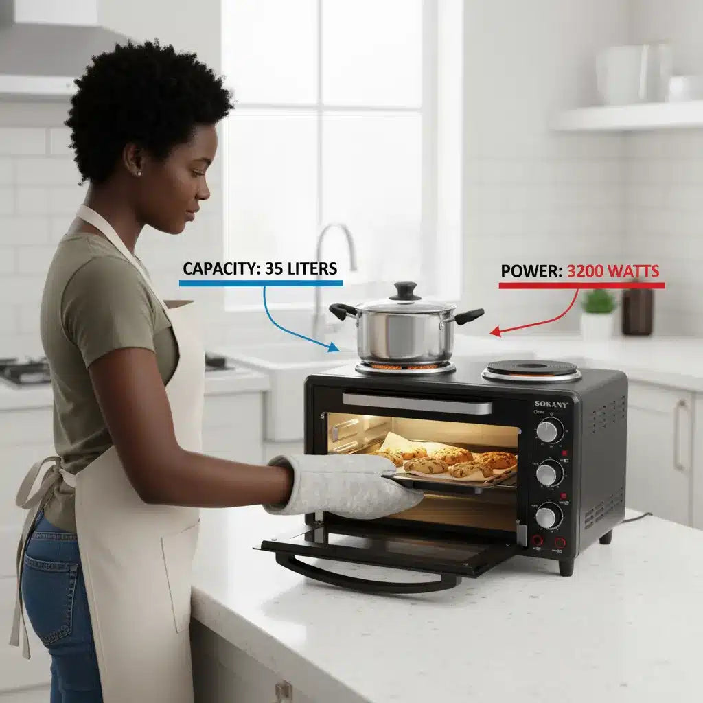 🔥SOKANY 35L Toaster Oven with Dual Hot Plates – 3200W | 2-in-1 Oven & Stove for Fast Heating & Even Cooking