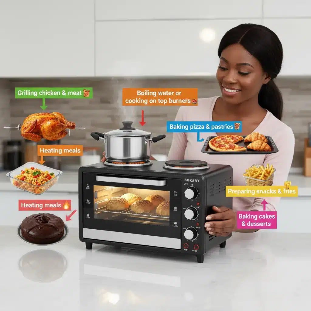 🔥SOKANY 35L Toaster Oven with Dual Hot Plates – 3200W | 2-in-1 Oven & Stove for Fast Heating & Even Cooking