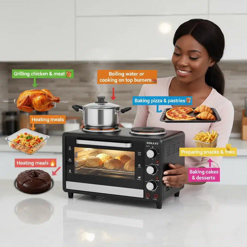 🔥SOKANY 35L Toaster Oven with Dual Hot Plates – 3200W | 2-in-1 Oven & Stove for Fast Heating & Even Cooking