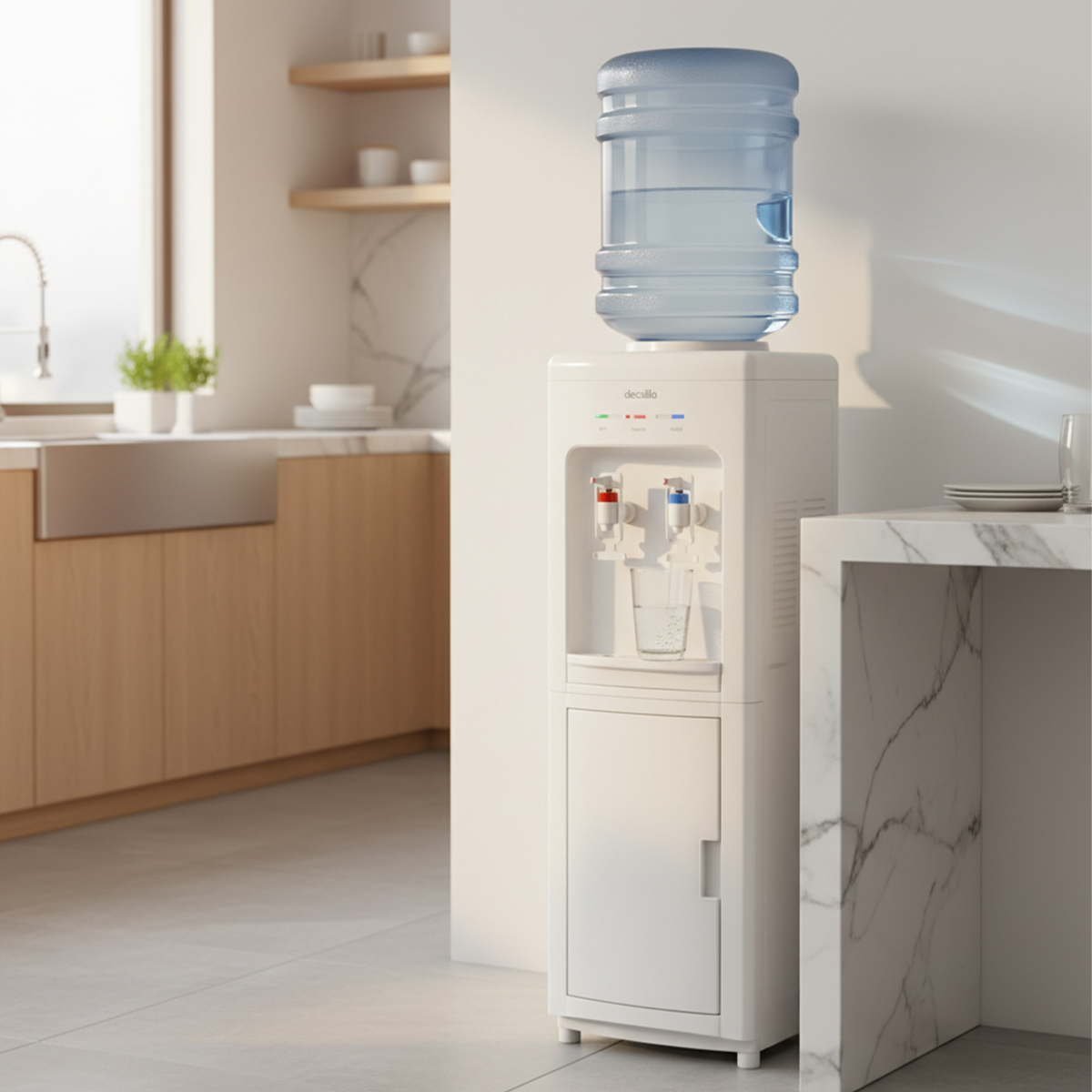 Floor-Standing Water Dispenser | Hot & Cold – Bottom Storage Cabinet – Elegant White Finish
