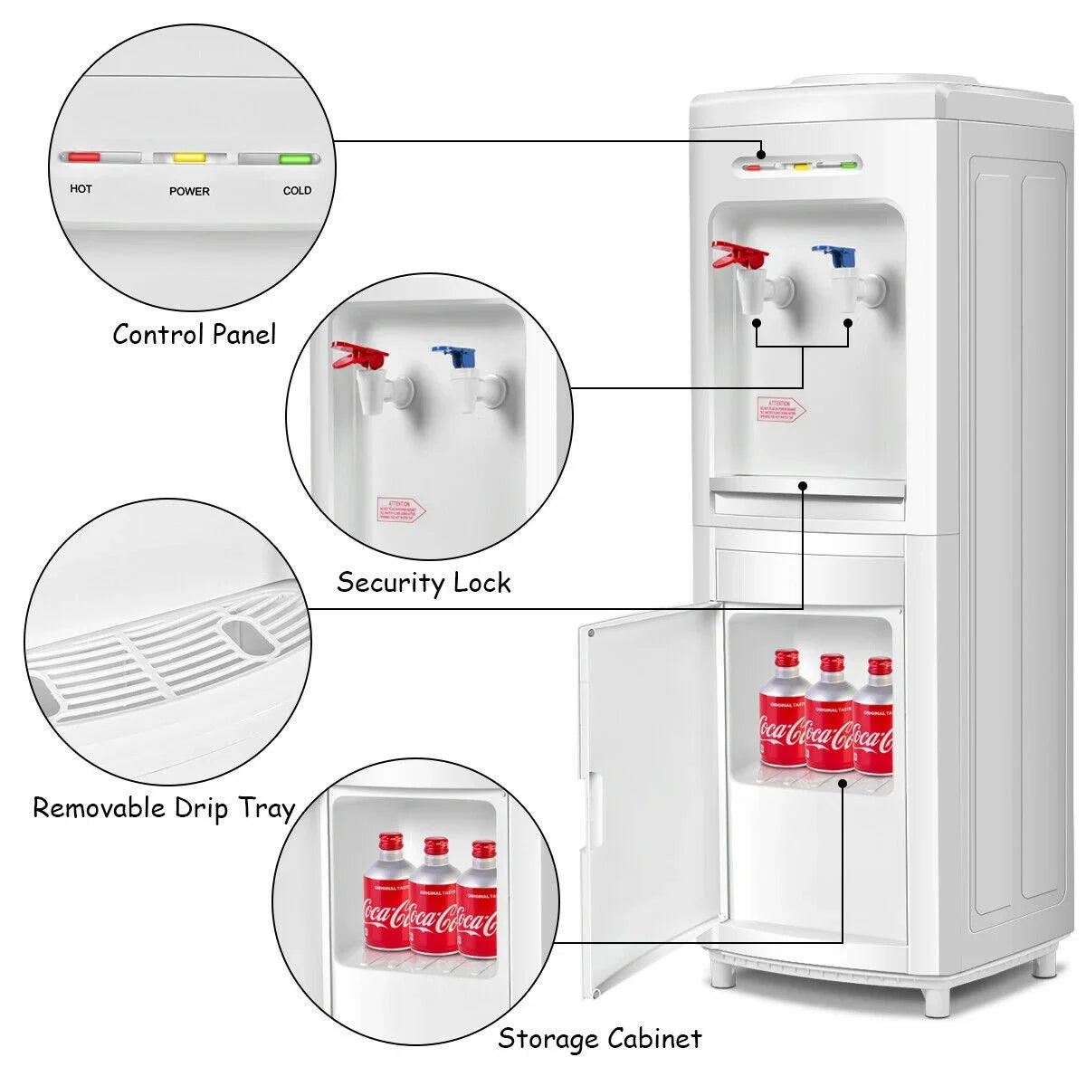 Floor-Standing Water Dispenser | Hot & Cold – Bottom Storage Cabinet – Elegant White Finish