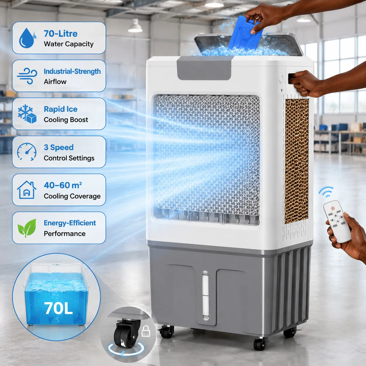 Midea AC400-20B 70L Industrial Air Cooler – Powerful, Portable & Energy Efficient Cooling Solution