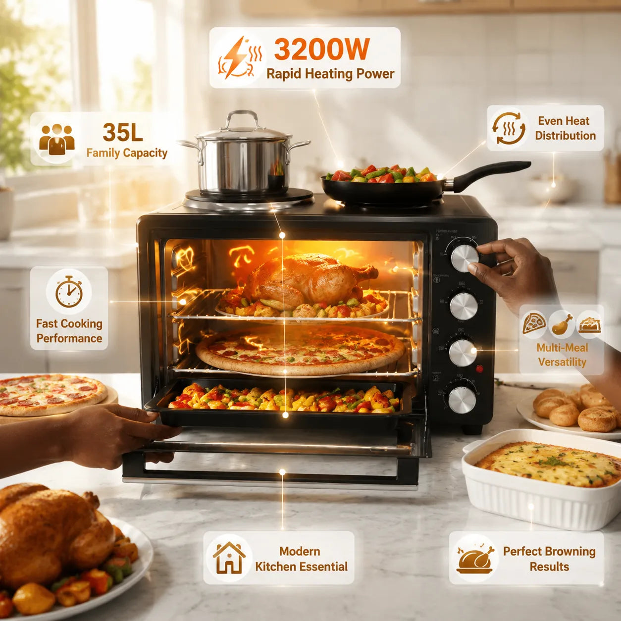🔥Evimki Electric Oven 35L – 3200W High-Power Countertop Oven |  Fast Heating, Precise Baking & Modern Design ✨