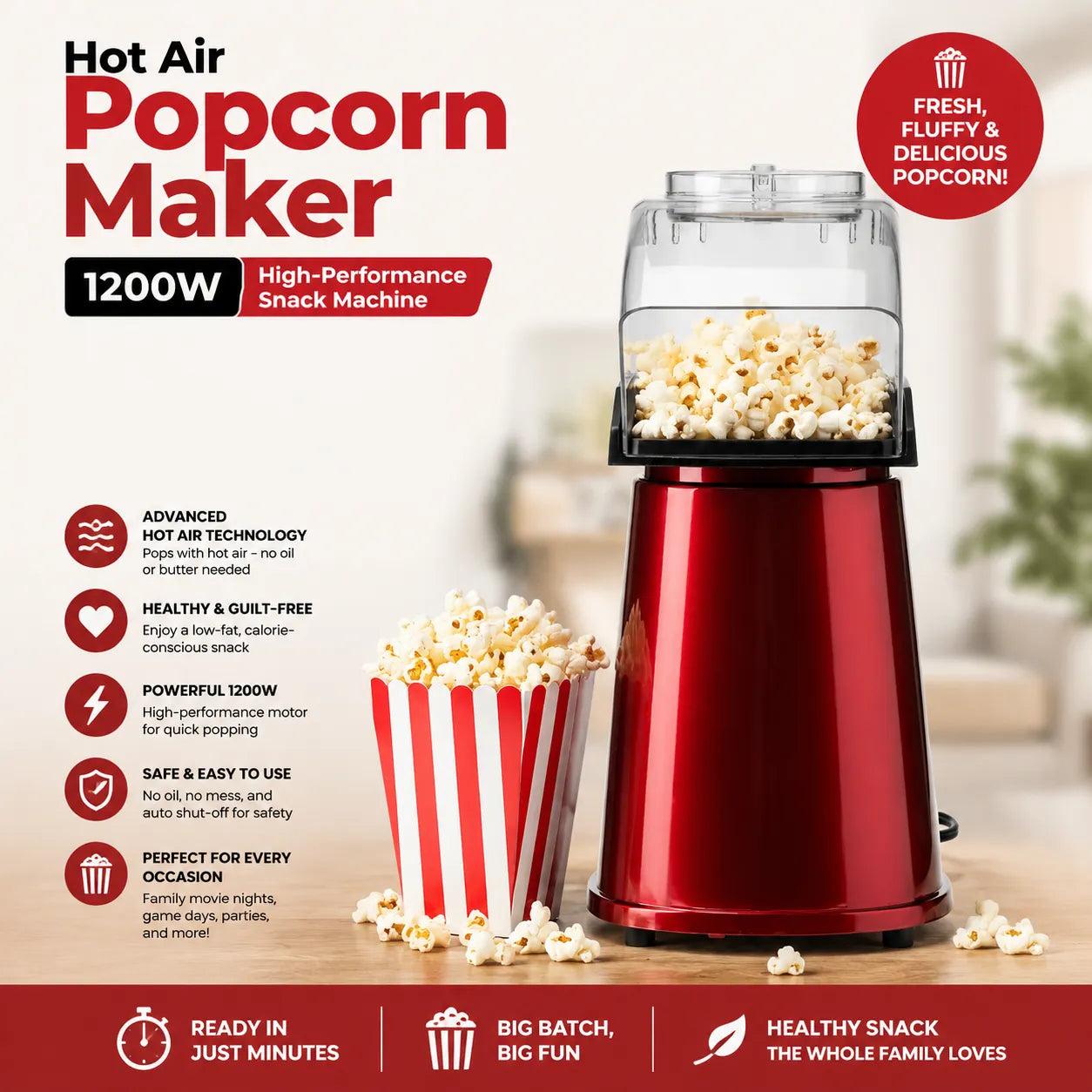 NASCO PC1005A-CB Popcorn Maker – 1200W Hot Air Popper for Healthy Oil-Free Popcorn