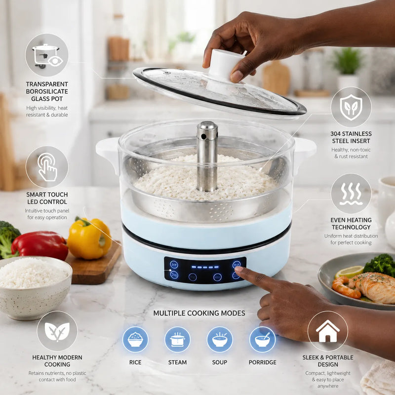 Glass Electric Rice Cooker & Steamer – Multi-Function Smart Cooker with Stainless Steel Drain Plate & Touch Control Panel