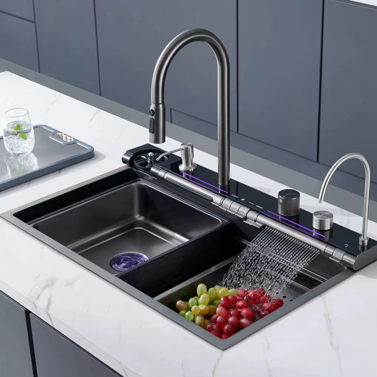 Smart Digital Kitchen Sink with 4 Water Modes & Pull-Out Faucet – Large Capacity Dual Basin, 304 Stainless Steel
