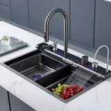 Smart Digital Kitchen Sink with 4 Water Modes & Pull-Out Faucet – Large Capacity Dual Basin, 304 Stainless Steel