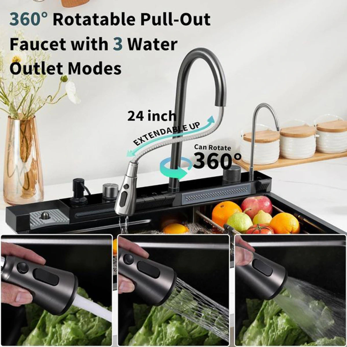 Smart Digital Kitchen Sink with 4 Water Modes & Pull-Out Faucet – Large Capacity Dual Basin, 304 Stainless Steel
