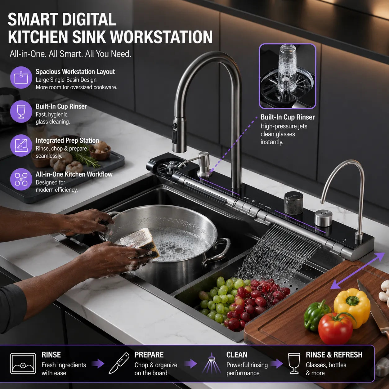 Smart Digital Kitchen Sink - 31.7" x 19.7" Premium 304 Stainless Steel Workstation