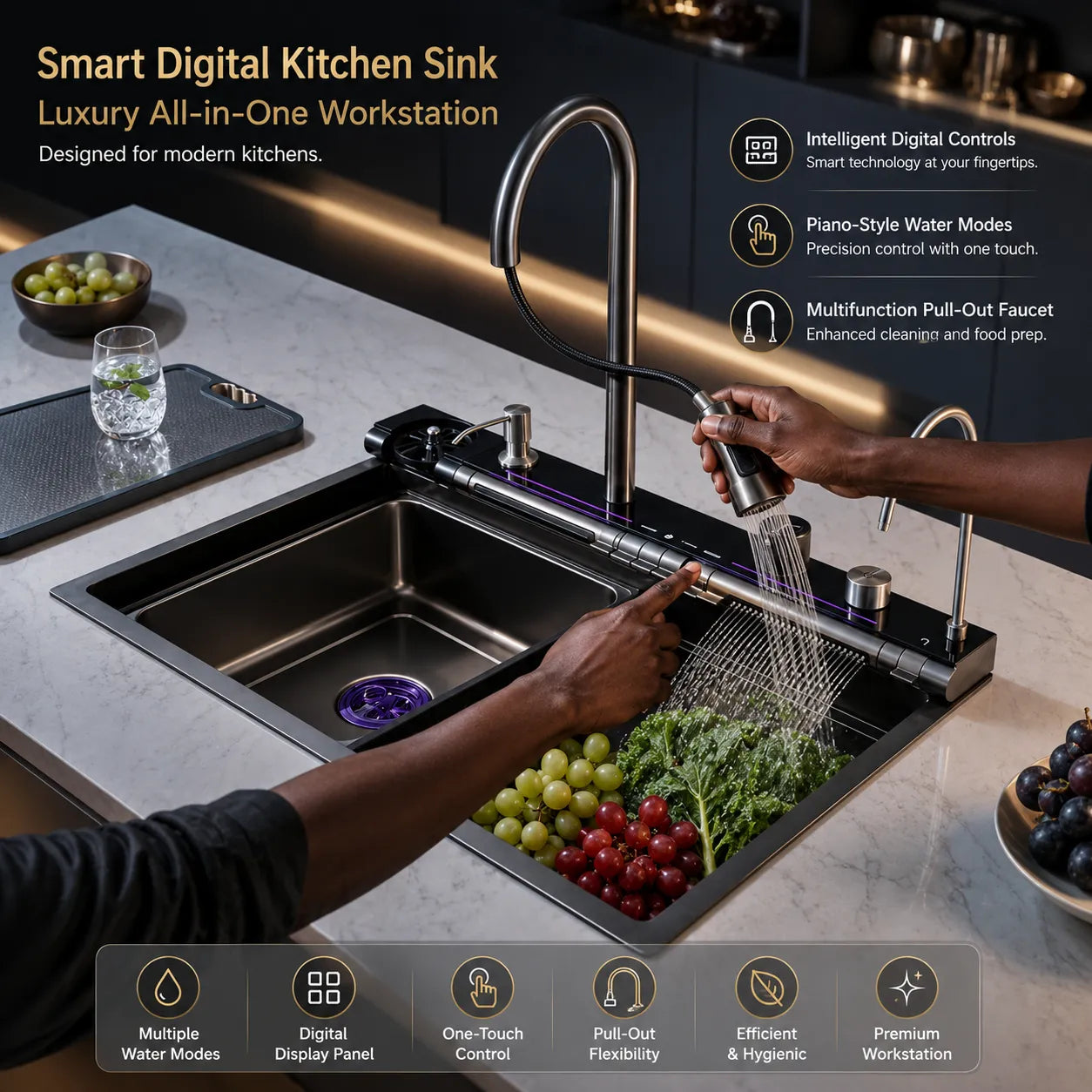 Smart Digital Kitchen Sink - 31.7" x 19.7" Premium 304 Stainless Steel Workstation