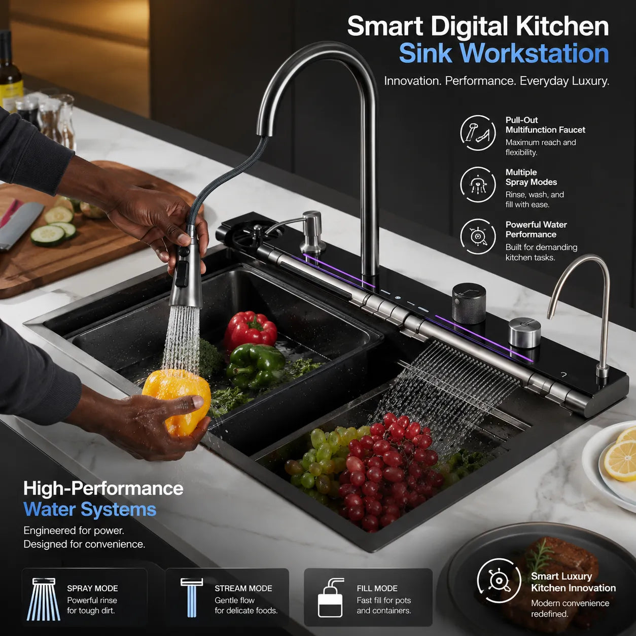 Smart Digital Kitchen Sink - 31.7" x 19.7" Premium 304 Stainless Steel Workstation