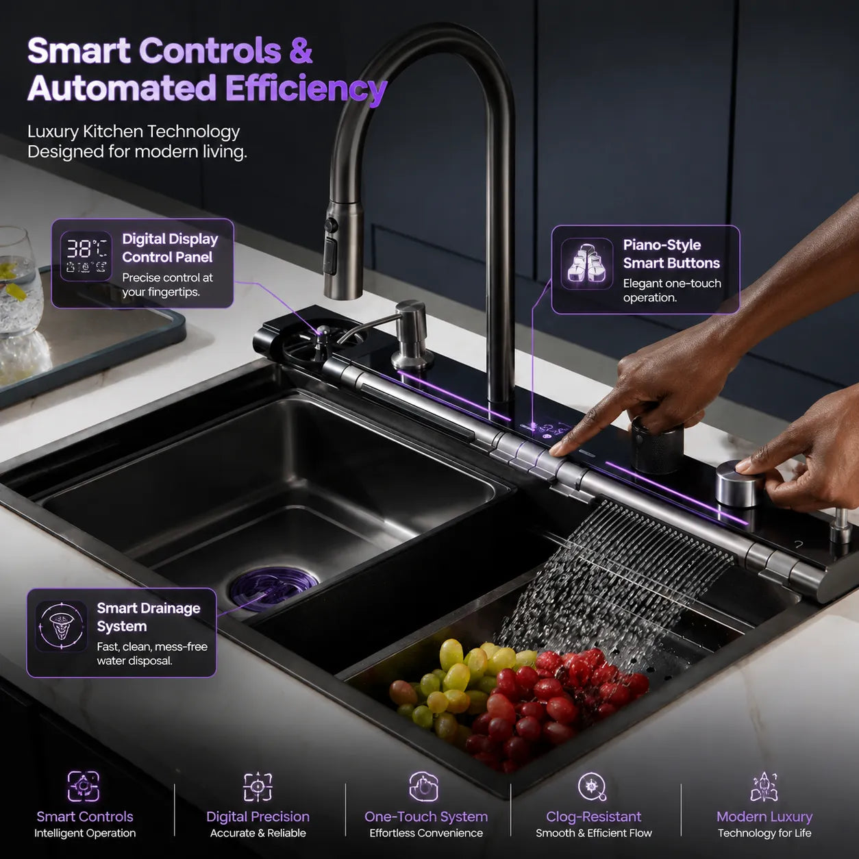 Smart Digital Kitchen Sink - 31.7" x 19.7" Premium 304 Stainless Steel Workstation