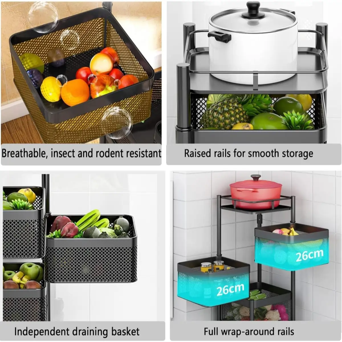 4 Layers Square Metal Black Rack, Easy Installation, 270ْ Rotation With 4 Wheels