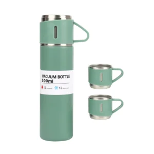 Flask Set – Stainless Steel Vacuum 500ml with 3 Cups, 12H Hot & Cold 01