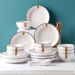 Full Ceramic Dinner Set, Plates, Bowls, Spoons – White With a Golden Touch 01