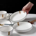 Full Ceramic Dinner Set, Plates, Bowls, Spoons – White With a Golden Touch 02