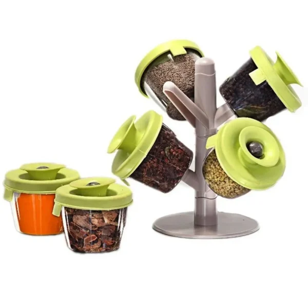 Green Tree Rack with 6 Transparent Spice Jars 01