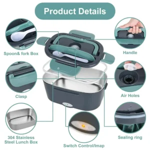 PORTABLE Electric Heating Lunch Box 1.5L Stainless Steel With Steam Hole, Spoon, Electricity Cable