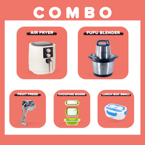 Evimki Combo 5 (Fufu Machine - Air Fryer - Lunch Box - Fruit Press - Cutting Board)