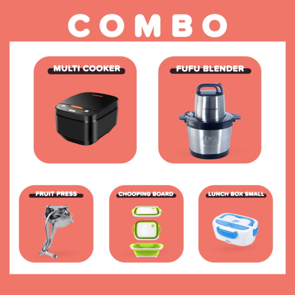 Evimki Combo 5 (Fufu Machine - Multi Cooker - Lunch Box - Fruit Press - Cutting Board)