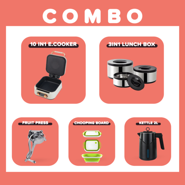 Evimki Combo 5 (10in1 Electric Cooker - 3in1Lunch box - Lunch Box - Fruit Press - Cutting Board)