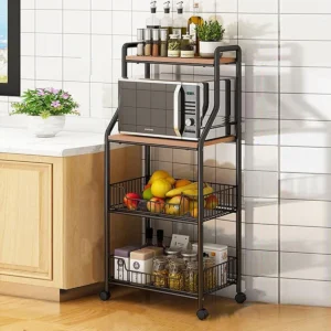 Metal Kitchen Storage Stand with Wheels – Microwave Cart, Utility Rack & Organizer for Pantry, Kitchen, and Dining Areas